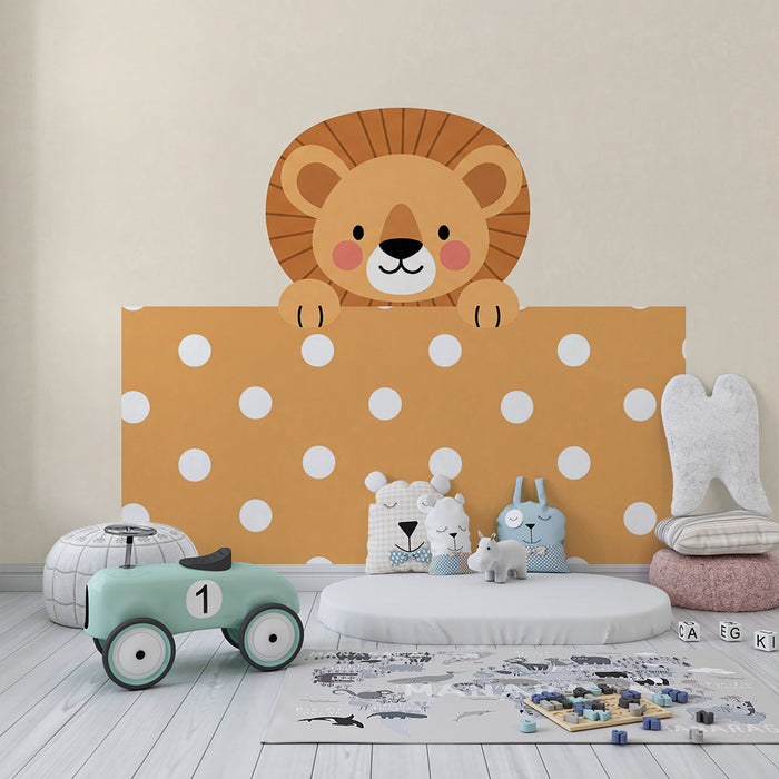 Papier peint chambre bébé | Lion mignon émergeant d'un fond à pois