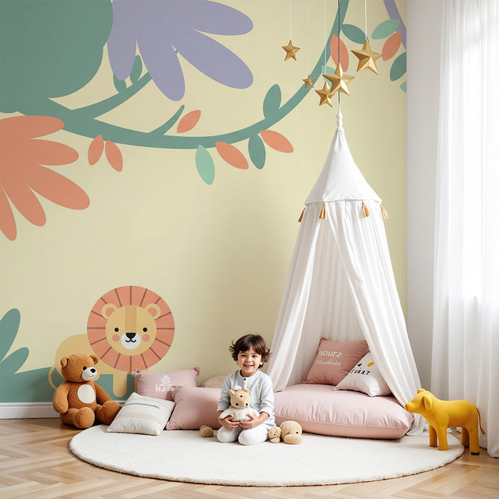 Babykamer behang | Schattige leeuw en kleurrijke bladeren in een speels decor