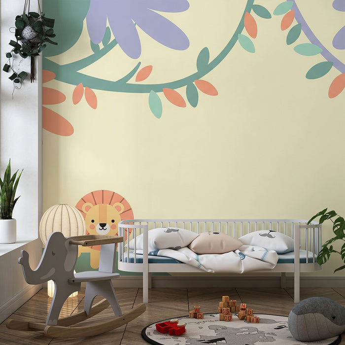 Babykamer behang | Schattige leeuw en kleurrijke bladeren in een speels decor