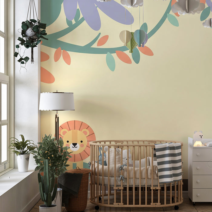 Babykamer behang | Schattige leeuw en kleurrijke bladeren in een speels decor
