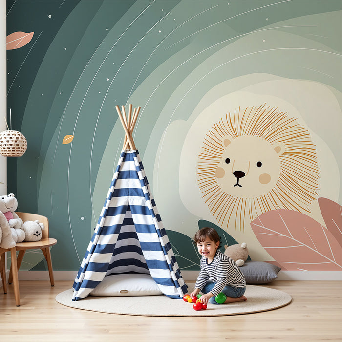 Papel de parede quarto bebê | Leão fofo e folhas coloridas sob um céu estrelado