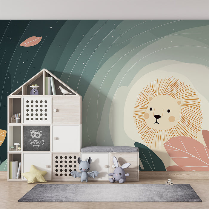 Papel de parede quarto bebê | Leão fofo e folhas coloridas sob um céu estrelado