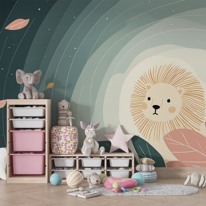 Papel de parede quarto bebê | Leão fofo e folhas coloridas sob um céu estrelado