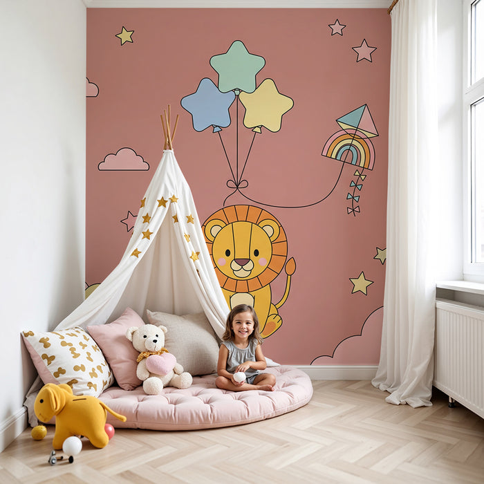 Papel de parede para quarto de bebé | Leão fofo a flutuar com balões e nuvens coloridas