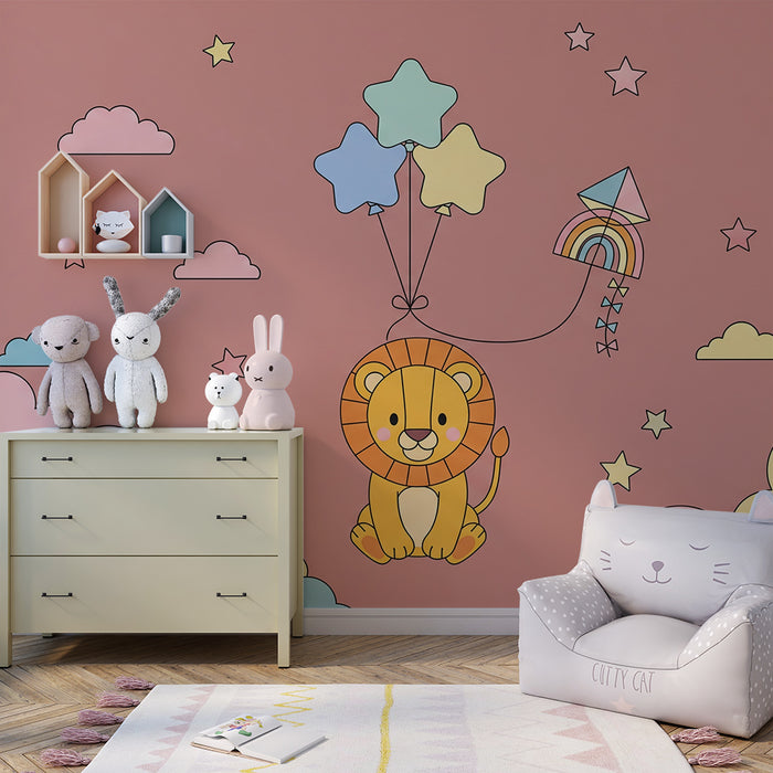 Papel de parede para quarto de bebé | Leão fofo a flutuar com balões e nuvens coloridas