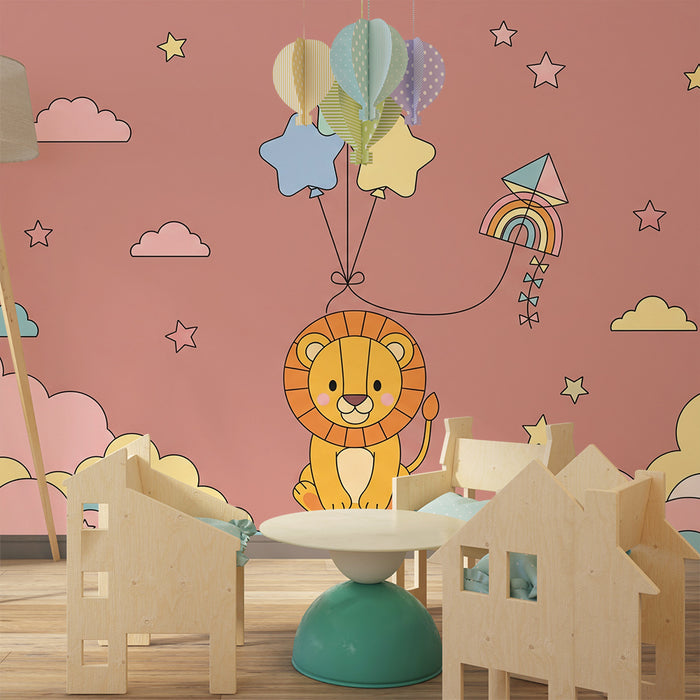 Papel de parede para quarto de bebé | Leão fofo a flutuar com balões e nuvens coloridas