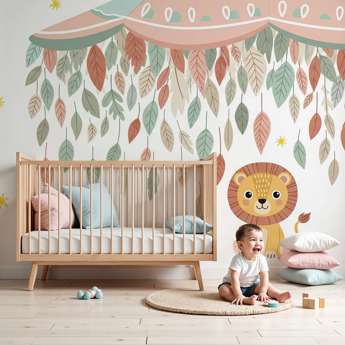 Papel de parede quarto bebê | Simpático leão sob um céu estrelado