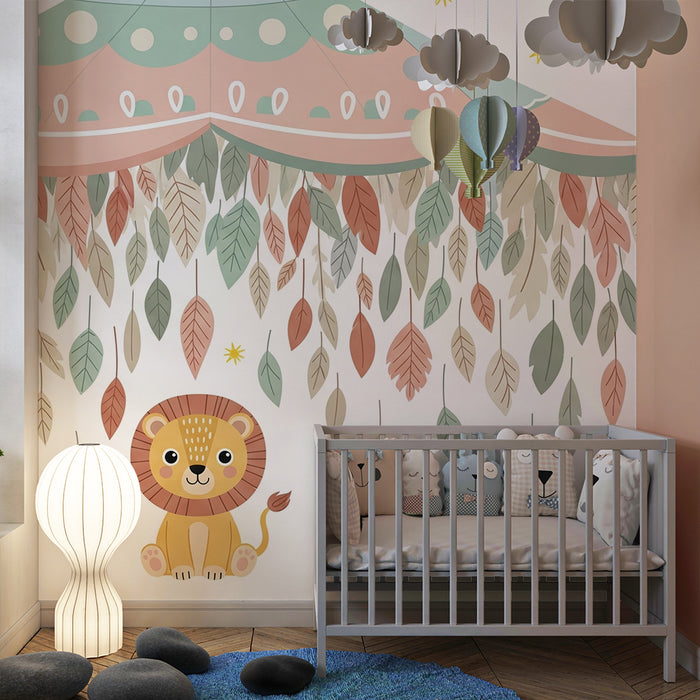 Papel de parede quarto bebê | Simpático leão sob um céu estrelado