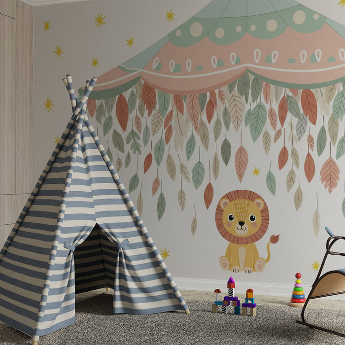 Papel de parede quarto bebê | Simpático leão sob um céu estrelado
