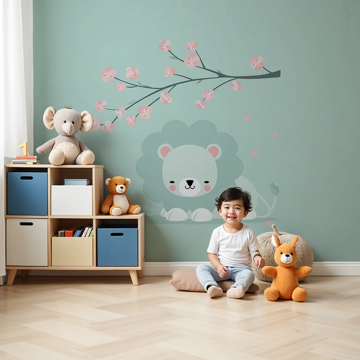 Papel de parede quarto bebê | Simpático leão sob um galho de cerejeira em flor