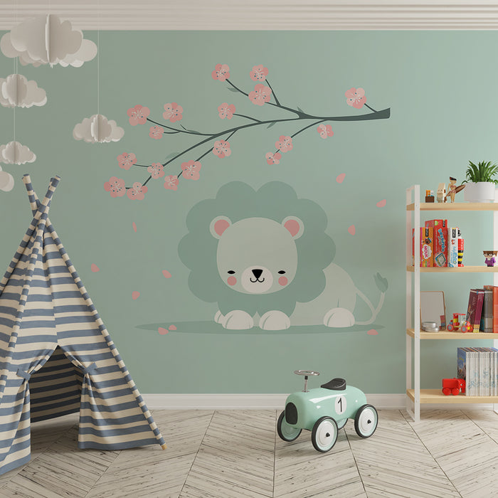Papel de parede quarto bebê | Simpático leão sob um galho de cerejeira em flor