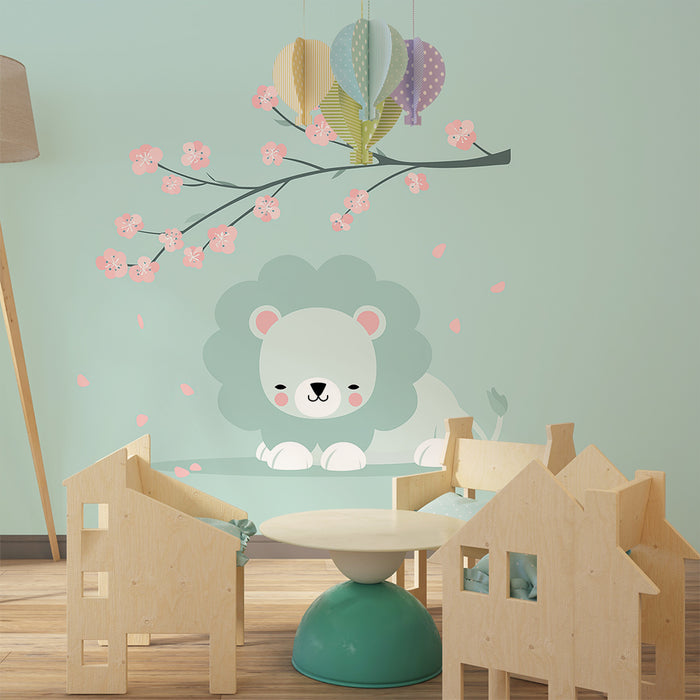 Papel de parede quarto bebê | Simpático leão sob um galho de cerejeira em flor