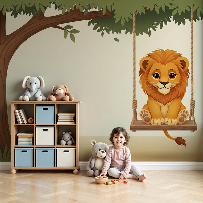 Papel de parede para quarto de bebé | Leão fofo num baloiço debaixo de uma árvore