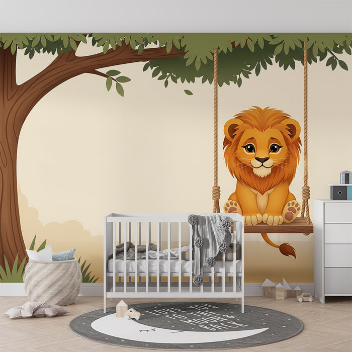 Papel de parede para quarto de bebé | Leão fofo num baloiço debaixo de uma árvore