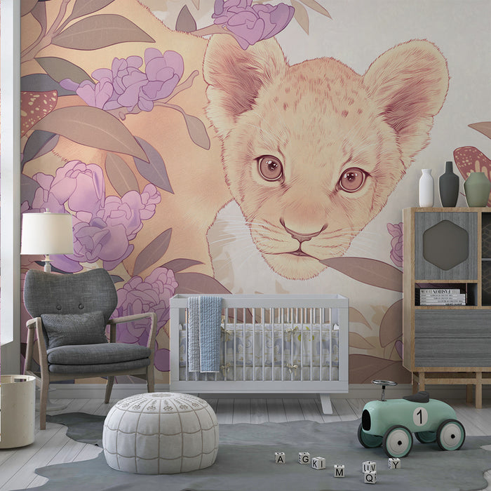 Lastenhuoneen tapetti | Utelias leijonanpentu violetin kukkien ja perhosten keskellä