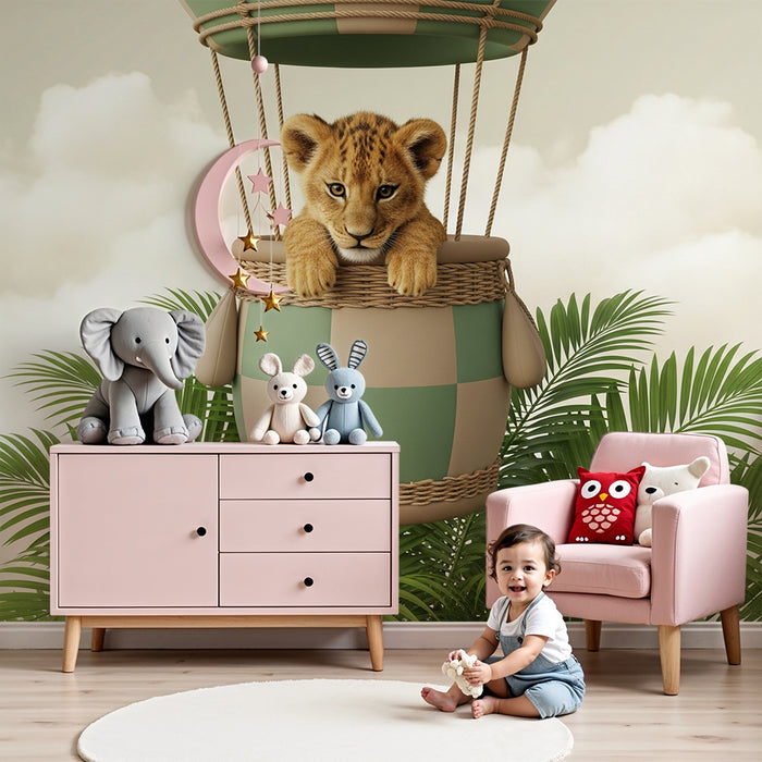 Papier peint chambre bébé | Lionceau dans un ballon dirigeable