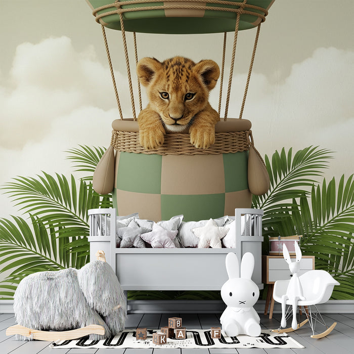 Papier peint chambre bébé | Lionceau dans un ballon dirigeable