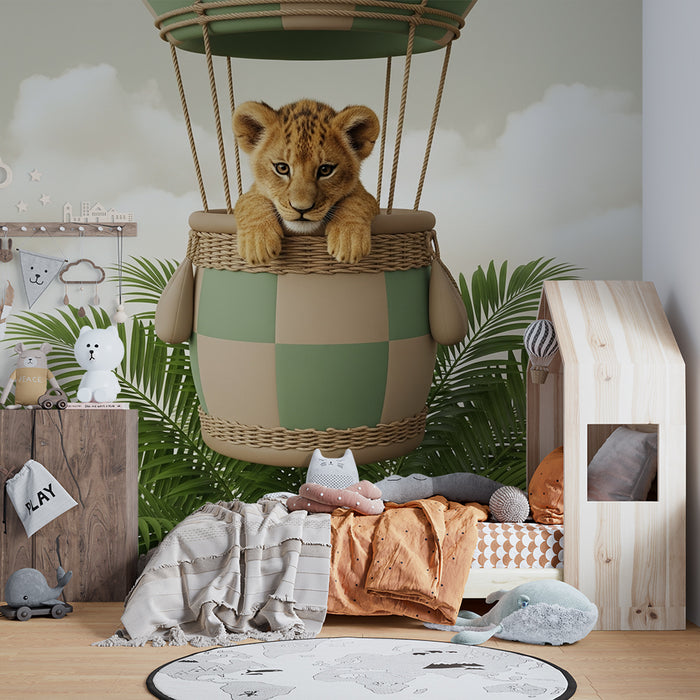 Papier peint chambre bébé | Lionceau dans un ballon dirigeable