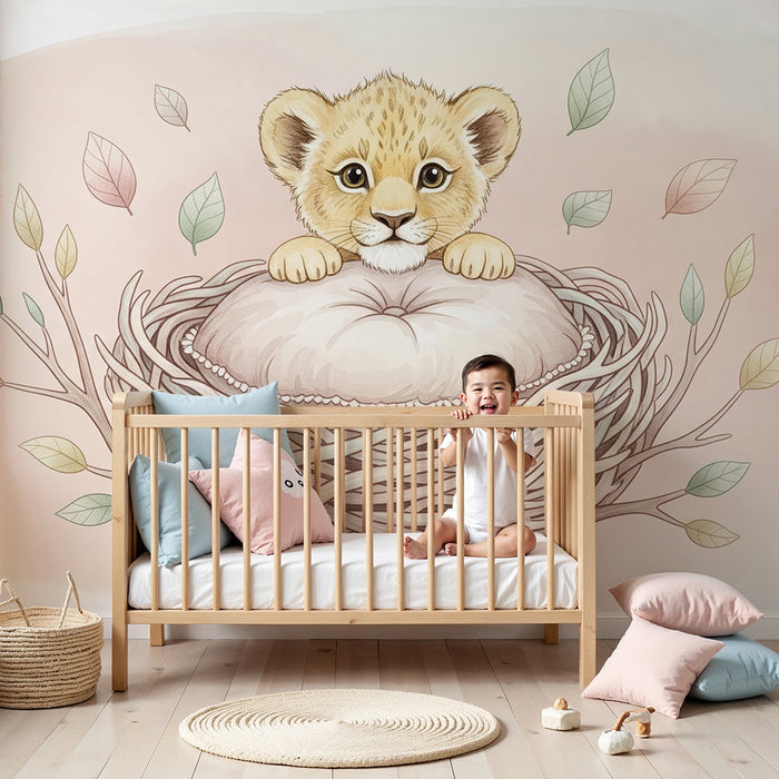 Papier peint chambre bébé | Lionceau dans un nid douillet