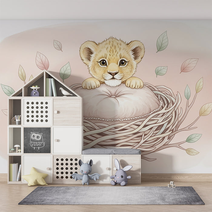 Papier peint chambre bébé | Lionceau dans un nid douillet