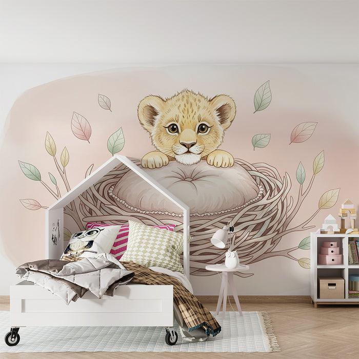 Papier peint chambre bébé | Lionceau dans un nid douillet