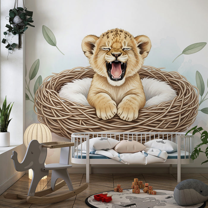 Papier peint chambre bébé | Lionceau dans un nid douillet fond beige