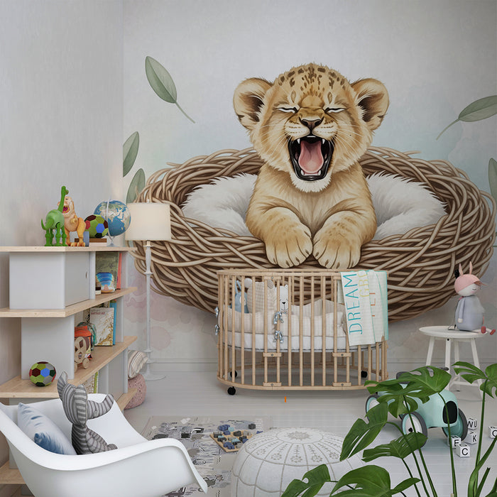 Papier peint chambre bébé | Lionceau dans un nid douillet fond beige