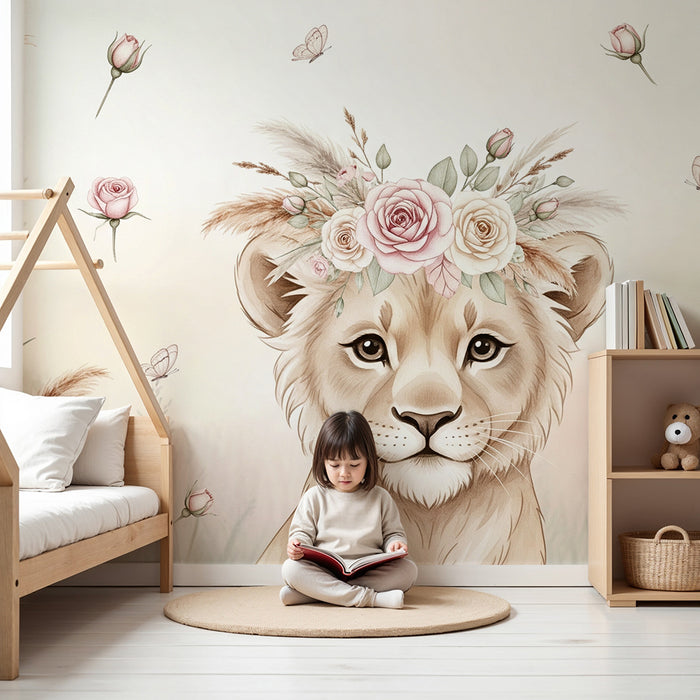 Babykamer behang | Delicate leeuwenwelp met bloemenkrans en vlinders