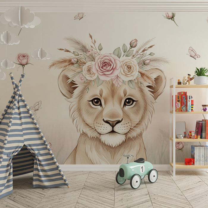 Babykamer behang | Delicate leeuwenwelp met bloemenkrans en vlinders