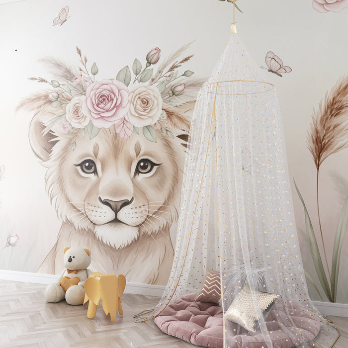 Babykamer behang | Delicate leeuwenwelp met bloemenkrans en vlinders