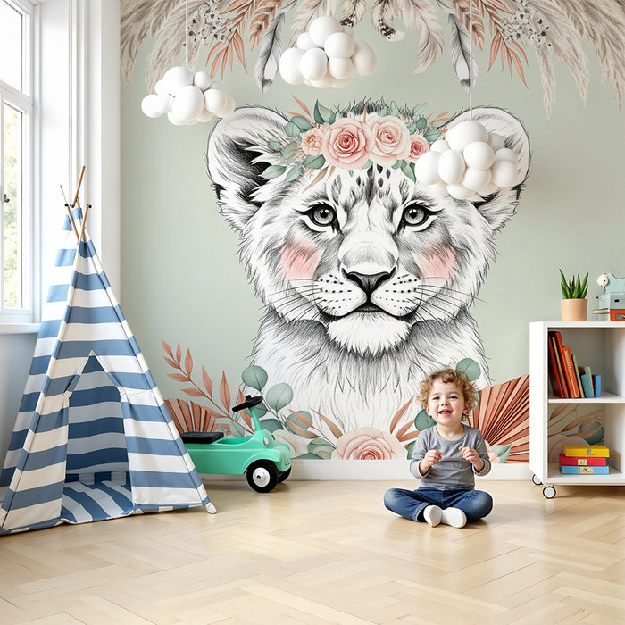 Papier peint chambre bébé | Lionceau délicat avec fleurs
