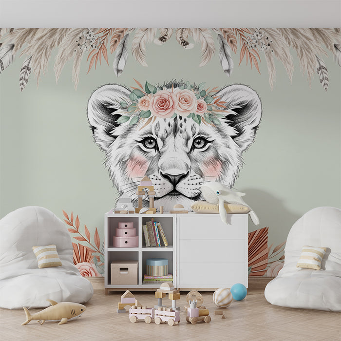 Papier peint chambre bébé | Lionceau délicat avec fleurs