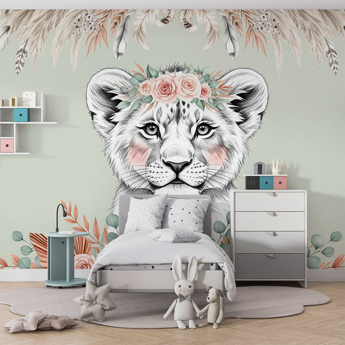 Papier peint chambre bébé | Lionceau délicat avec fleurs