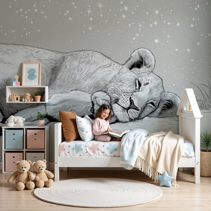 Papier peint chambre bébé | Lionceau en pleine sieste sous les étoiles