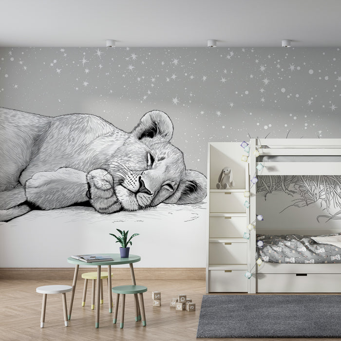 Papier peint chambre bébé | Lionceau en pleine sieste sous les étoiles