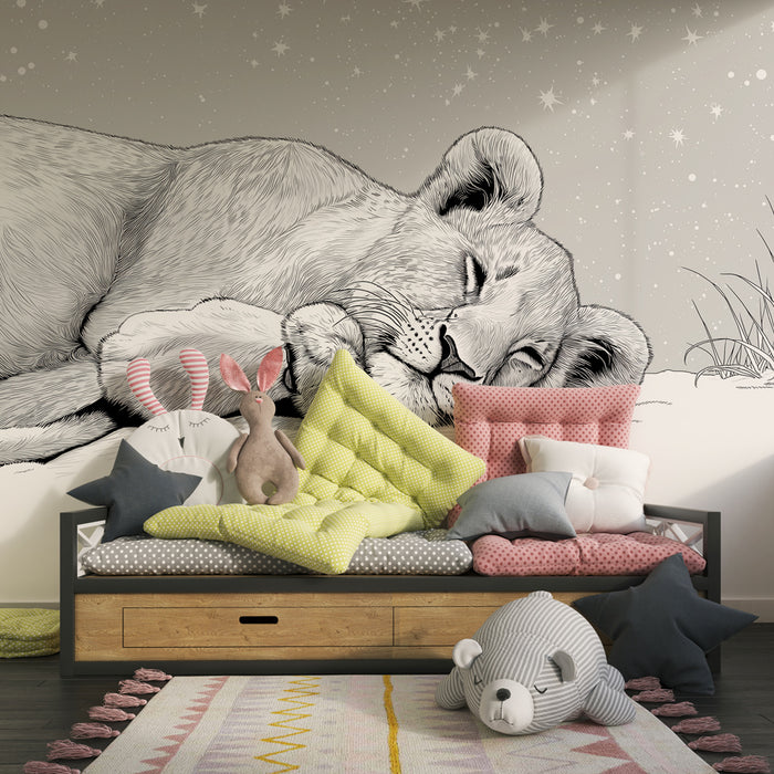 Papier peint chambre bébé | Lionceau en pleine sieste sous les étoiles