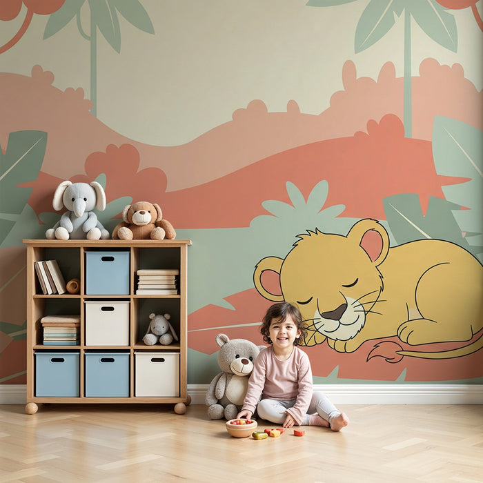 Lastenhuoneen tapetti | Nukkuva leijonanpentu viidakon sydämessä