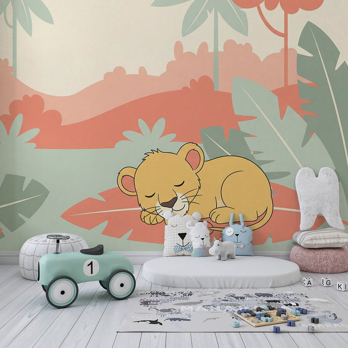Lastenhuoneen tapetti | Nukkuva leijonanpentu viidakon sydämessä