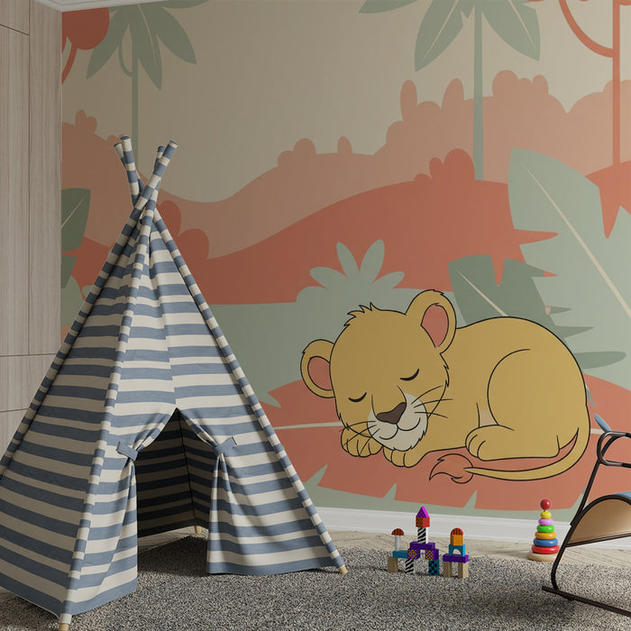 Lastenhuoneen tapetti | Nukkuva leijonanpentu viidakon sydämessä