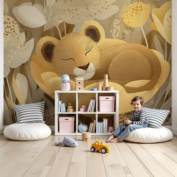 Papel de parede quarto bebê | Spijoč lev sredi zlatih cvetov