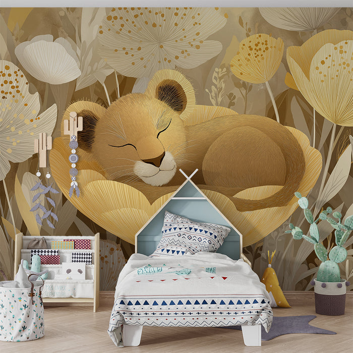 Papel de parede quarto bebê | Spijoč lev sredi zlatih cvetov