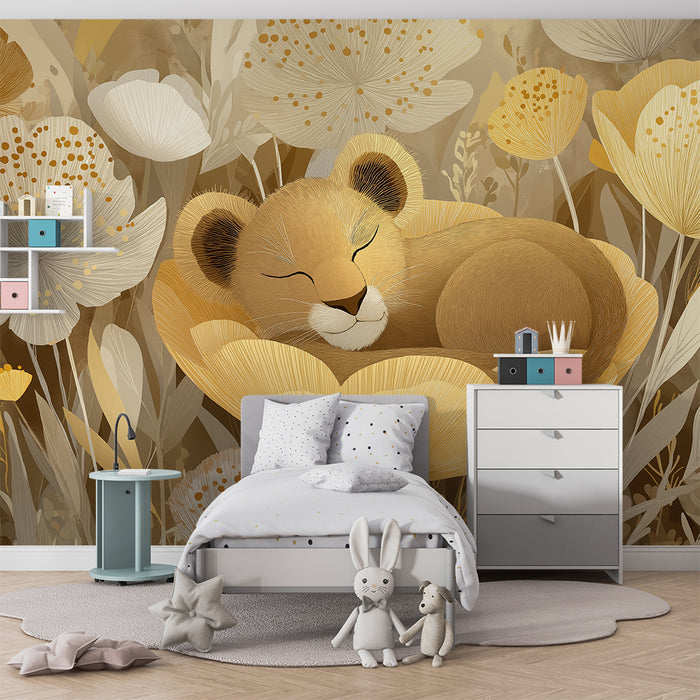 Papel de parede quarto bebê | Spijoč lev sredi zlatih cvetov
