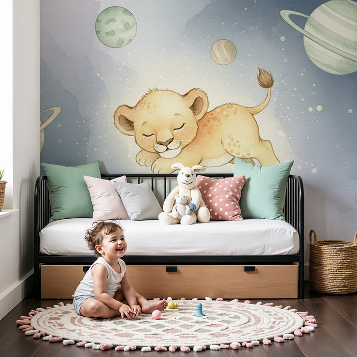 Lastenhuoneen tapetti | Nukkuva leijonanpentu avaruudessa