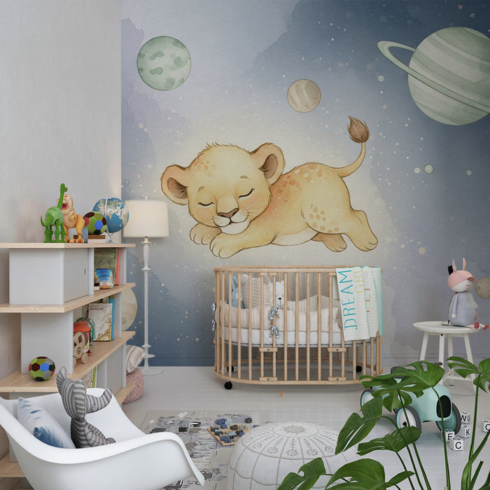 Lastenhuoneen tapetti | Nukkuva leijonanpentu avaruudessa