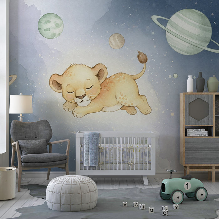 Lastenhuoneen tapetti | Nukkuva leijonanpentu avaruudessa