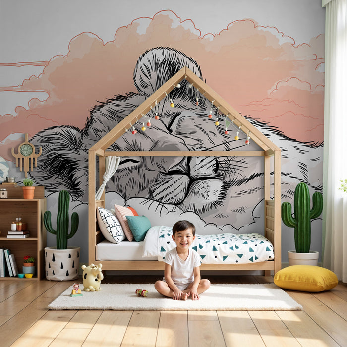 Papel de parede quarto bebê | Κοιμισμένο λιοντάρι στα σύννεφα