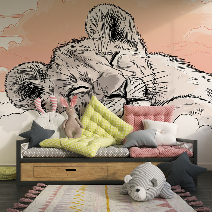 Papel de parede quarto bebê | Κοιμισμένο λιοντάρι στα σύννεφα