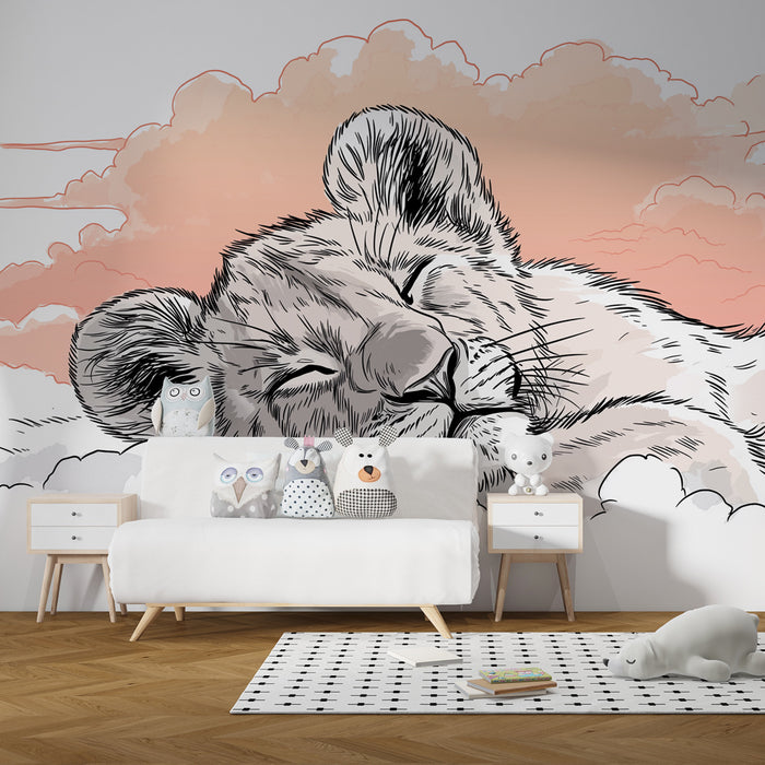 Papel de parede quarto bebê | Κοιμισμένο λιοντάρι στα σύννεφα