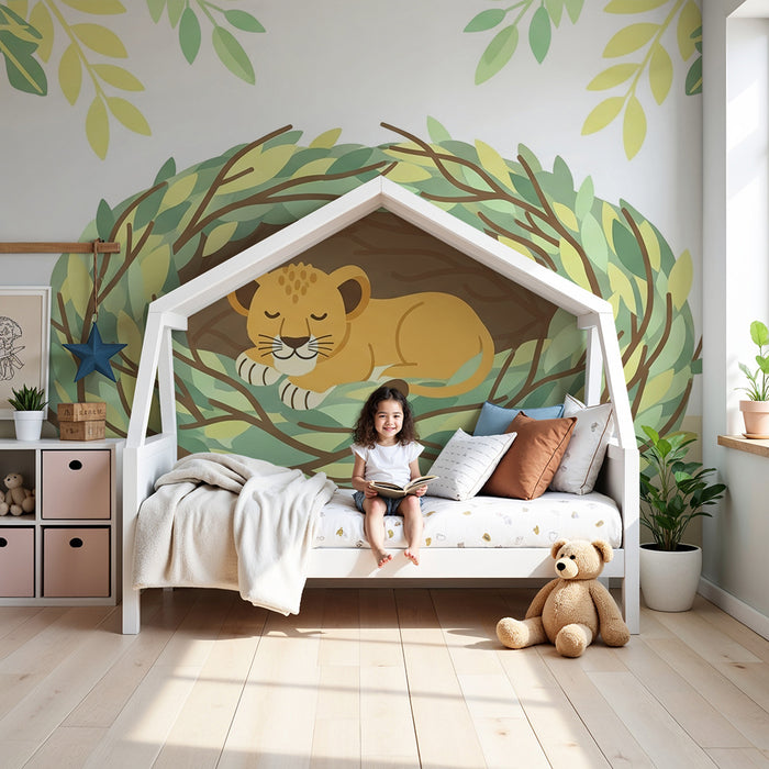 Lastenhuoneen tapetti | Nukkuva leijonanpentu pesässään