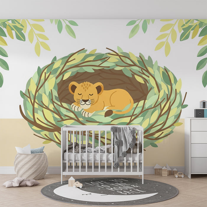 Lastenhuoneen tapetti | Nukkuva leijonanpentu pesässään